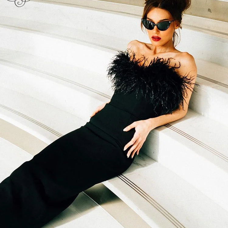 VC Woman Strapless Feather Design Dress For Party Chic Bodycon Bandage Black Long Dress Vestido