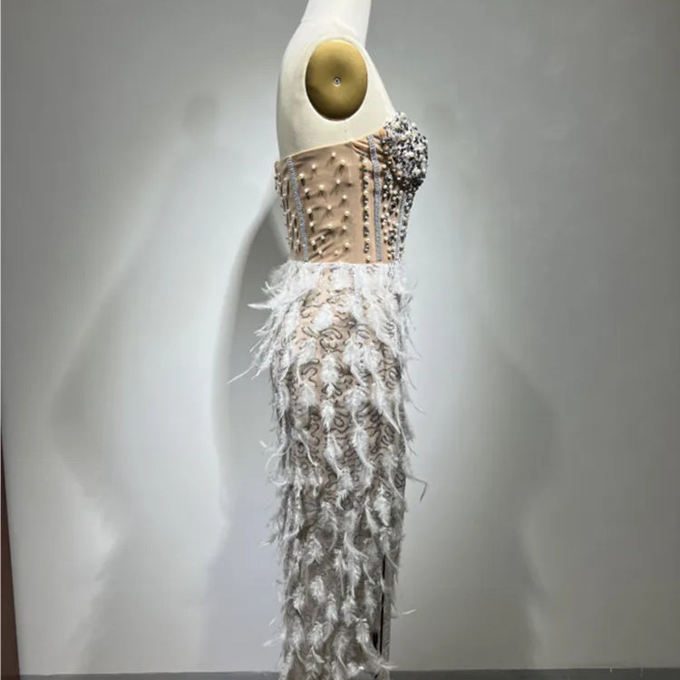 New Women Summer Sexy Strapless Backless Sequins Feather Pearl Beading Ankle Length Dress 2023 Elegant Evening Party Dress
