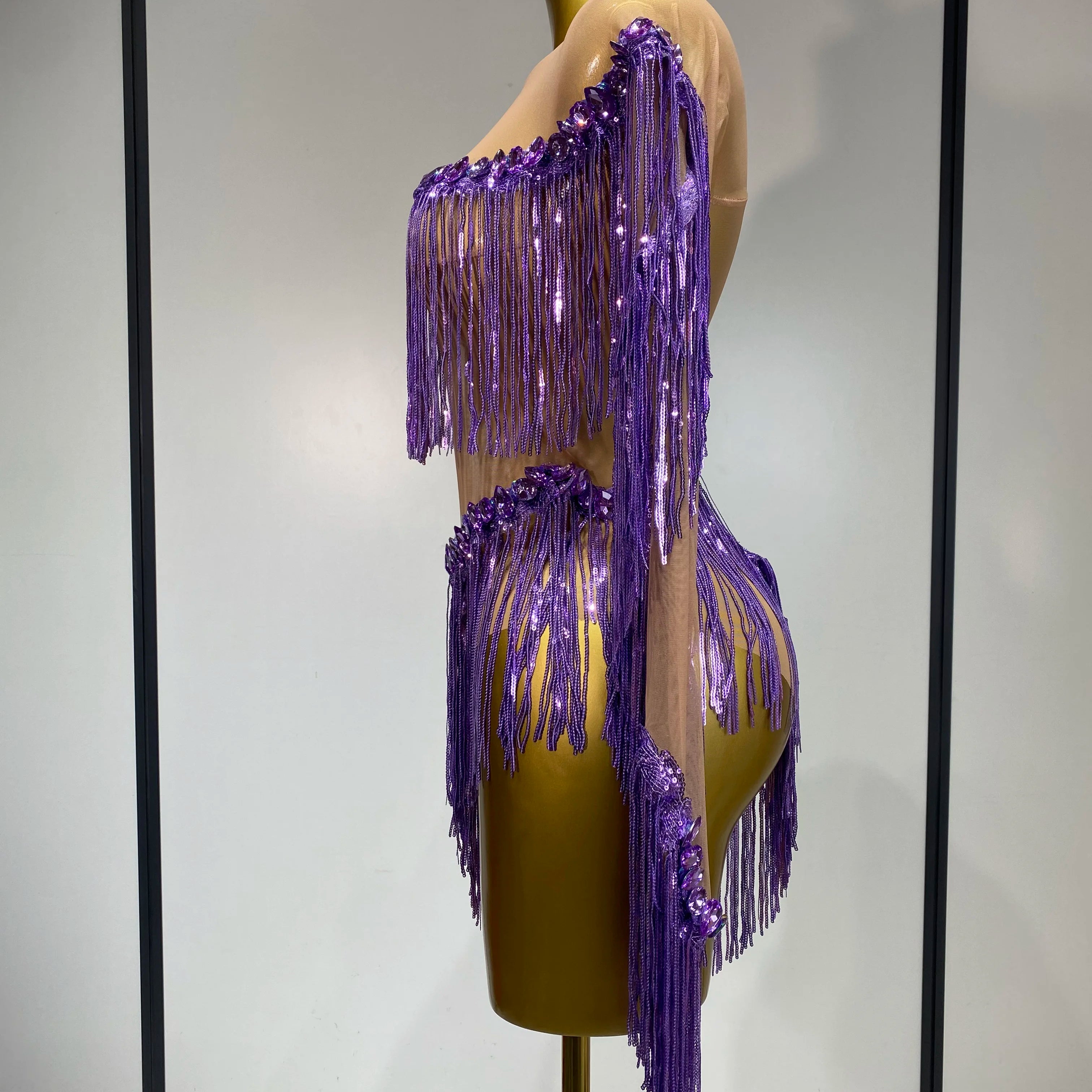 Sparkly Tassel Rhinestones Long Sleeves Sexy Stretch Mesh See Through Bodysuit Women Nightclub Stage Singer Perform Costume