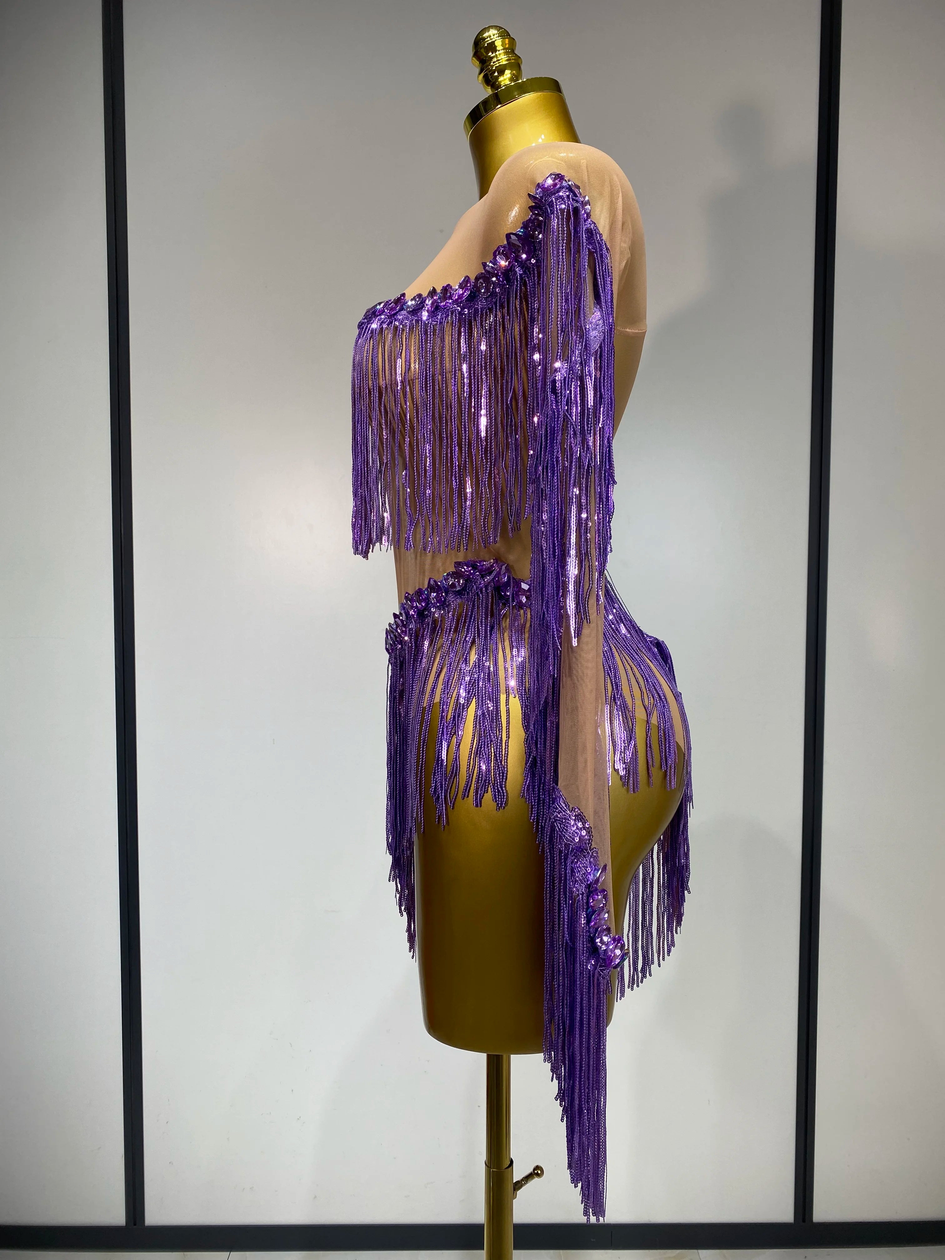 Sparkly Tassel Rhinestones Long Sleeves Sexy Stretch Mesh See Through Bodysuit Women Nightclub Stage Singer Perform Costume