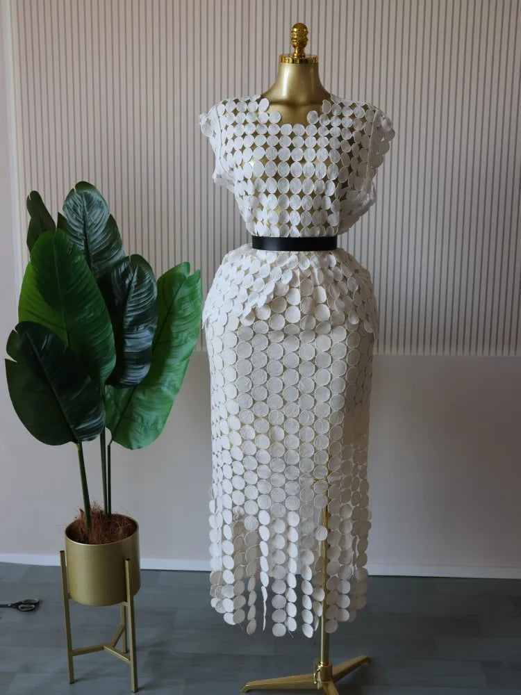 CM.YAYA Women Cutout O-neck Crop Top and Bodycon Midi Slim Maxi Long Skirt Suit 2025 Summer Vacation Sexy Two 2Piece Set Outfits