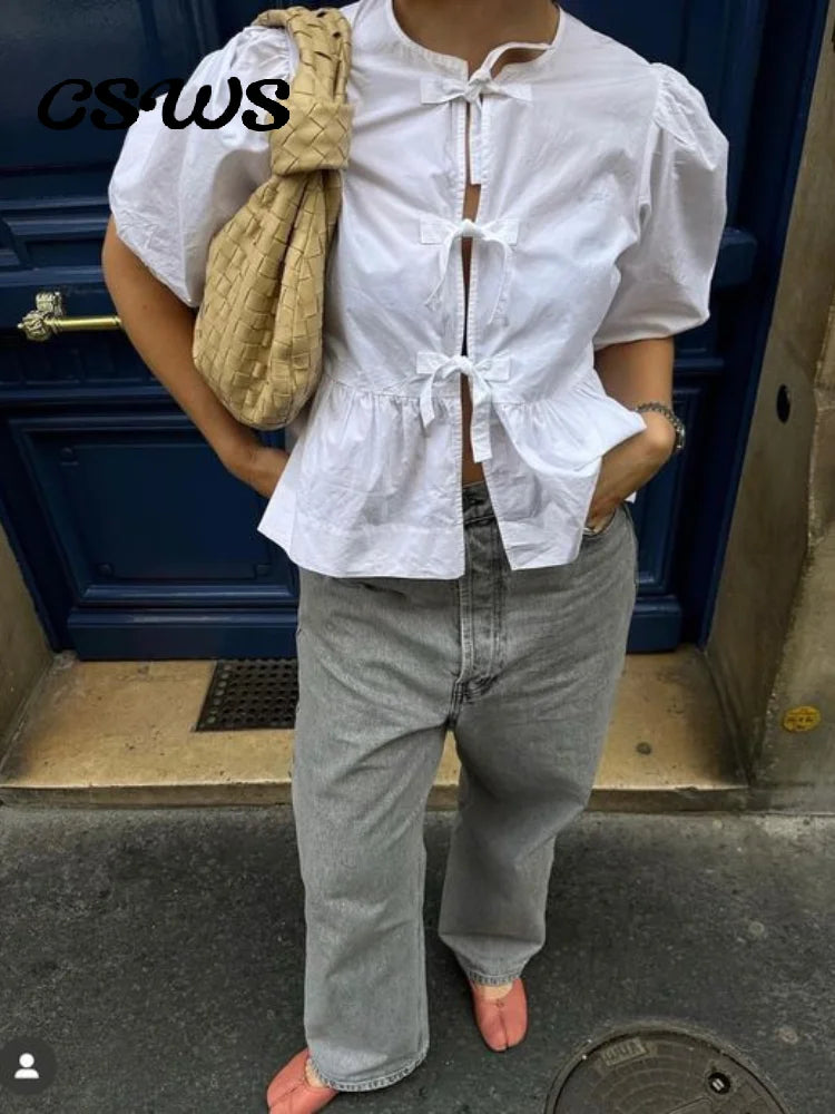 Bow Tied Lace Up Shirt Women Pleats Office Puff Sleeve Female Chic Slim Solid Tops Summer Sweet Lady V Neck Tops