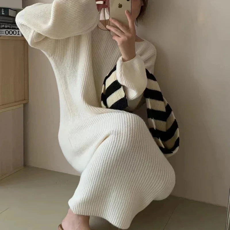 Winter Casual Long Knitted Sweater Dress Elegant New Solid Crew-neck Furry Pullover Dress Women Long Sleeve Party Dress