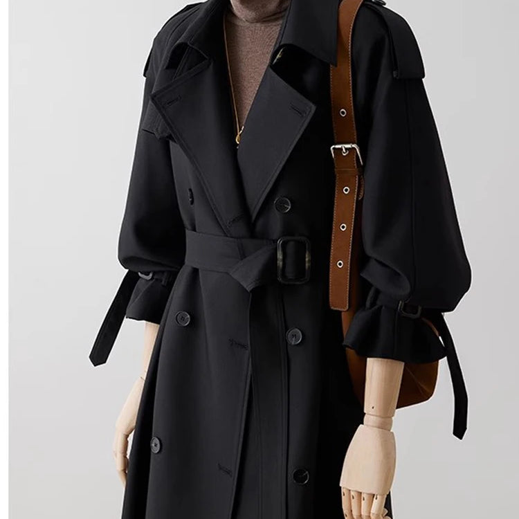 Lautaro Spring Autumn Oversized Khaki Long Trench Coat for Women Double Breasted Loose Casual Black Korean Fashion Overcoat 2025 Black