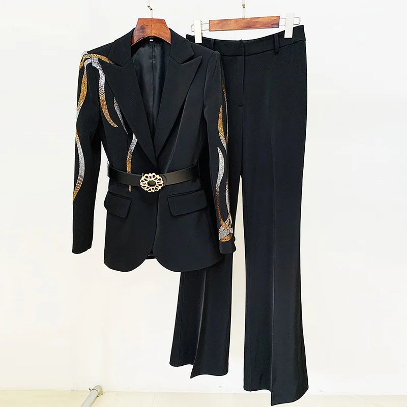 Solid Slimming Two Piece Sets for Women Lapel Long Sleeves Patchwork Hot Fix Top High Waist Flared Pant Set Female BLACK