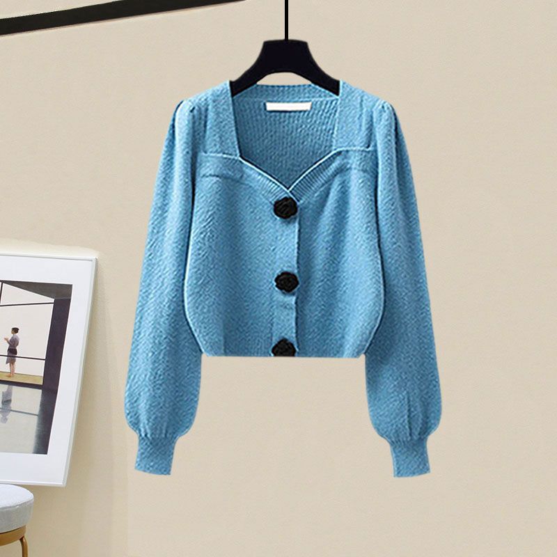 Women's 2024 Spring Autumn Fashion Knitted Sweater+Strap Dress Two-piece Korean Elegant New in Matching Sets Female Skirt Suit Blue Sweater