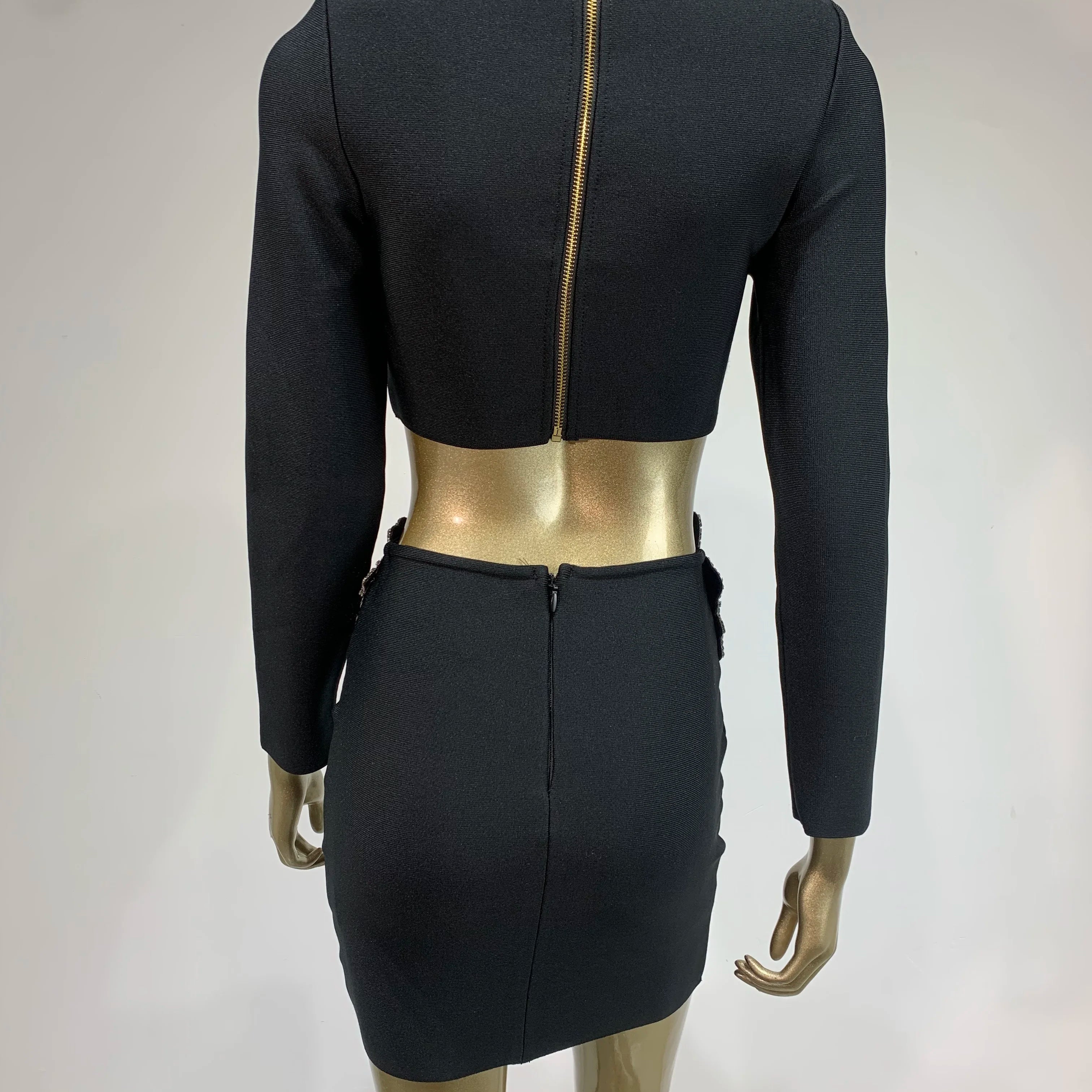 Women Sexy Long Sleeve Flower Diamonds Black Mini Two Pieces Skirt Bandage Set 2025 Celebrity Designer Fashion Women's Set