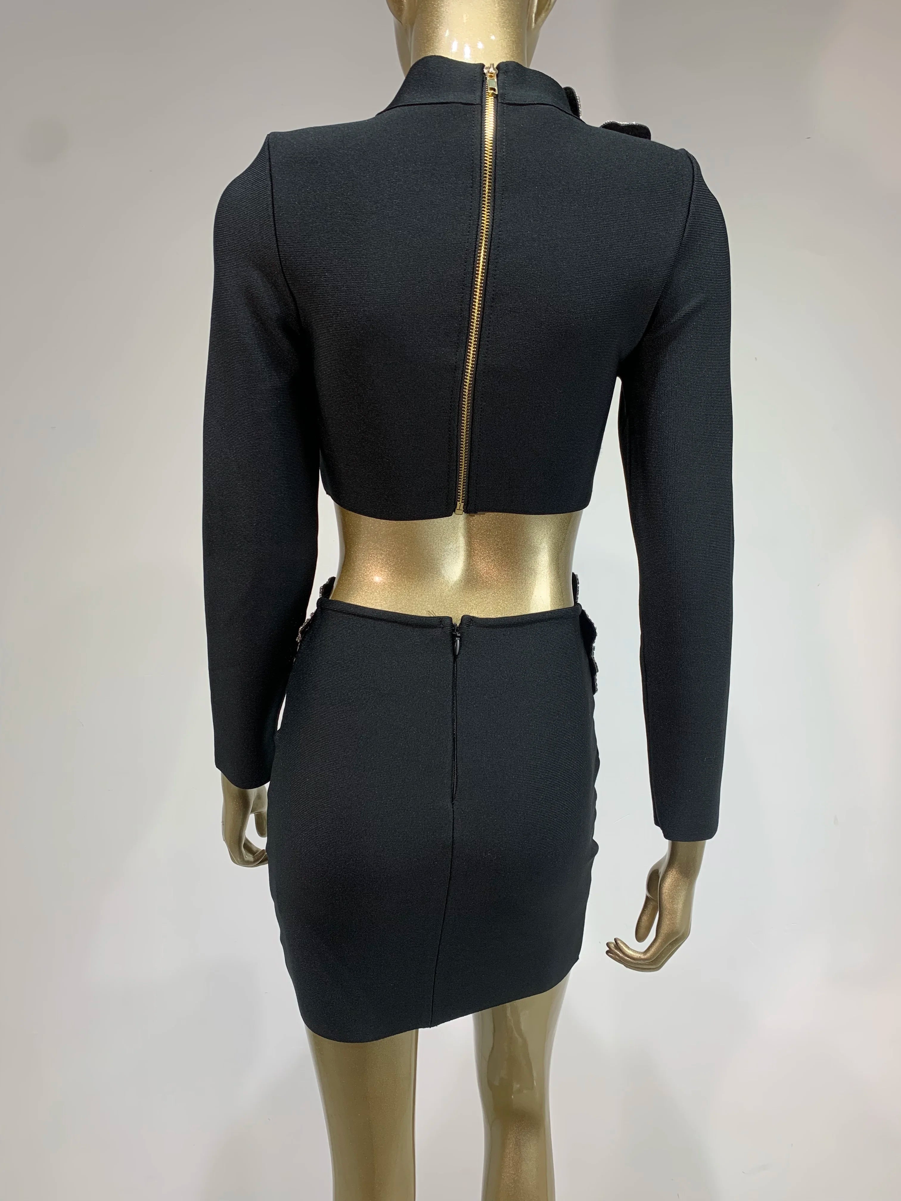 Women Sexy Long Sleeve Flower Diamonds Black Mini Two Pieces Skirt Bandage Set 2025 Celebrity Designer Fashion Women's Set