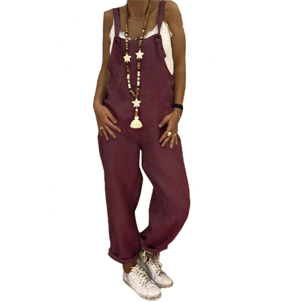 Solid Color Casual Overall Sleeveless Women Jumpsuit Straps Jumpsuit Loose Adjustable Bib women Bib Wine Red