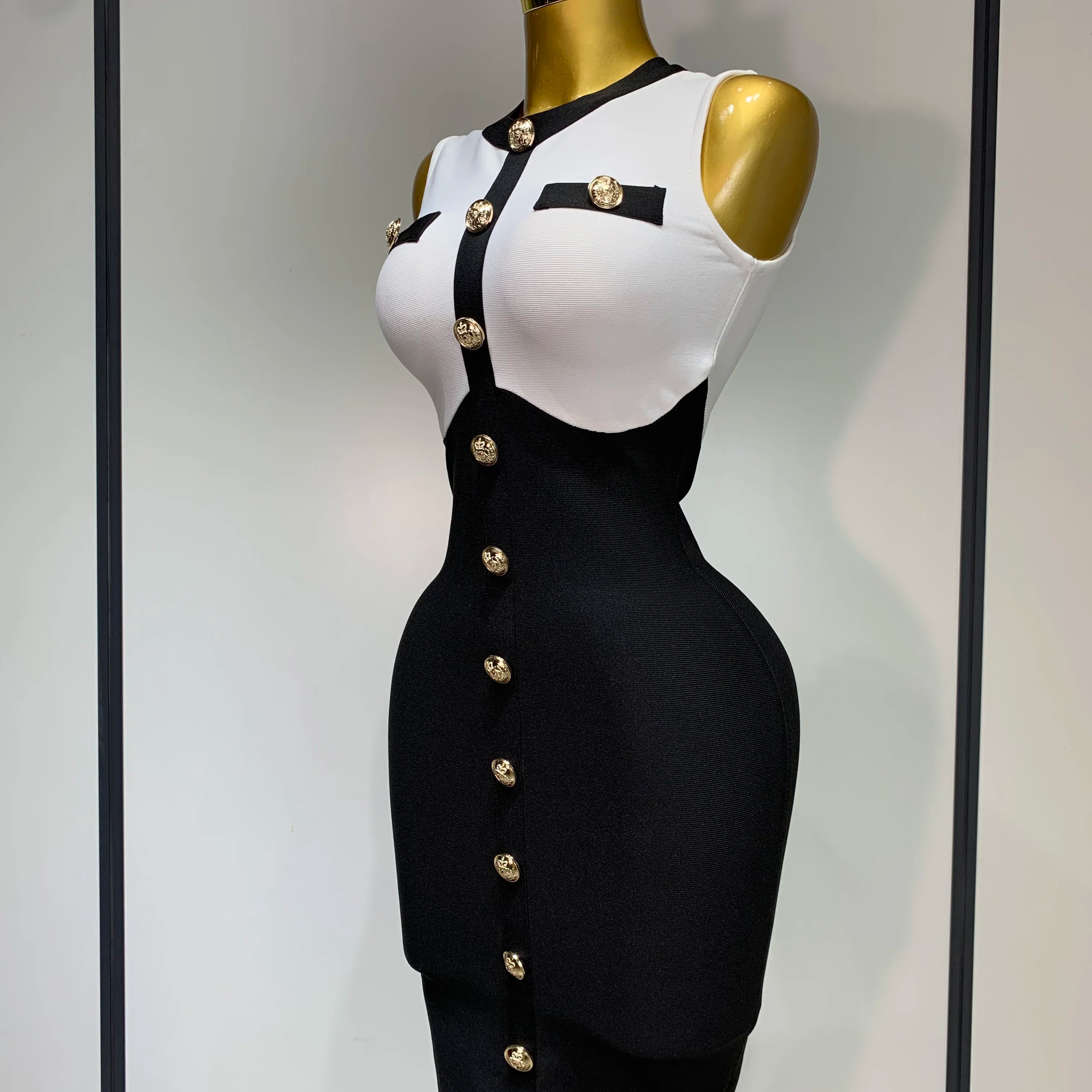 2025 New Arrivals Fashionable Women Bandage Golden Buttons White Black Patchwork Sleeveless Bodycon Elegant Party Dresses