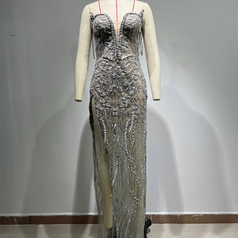 Luxury Diamonds Beading Sexy High Slit V-Neck Strapless Ankle Length Dress Goddess Dress Celebrity Evening Party Outfit