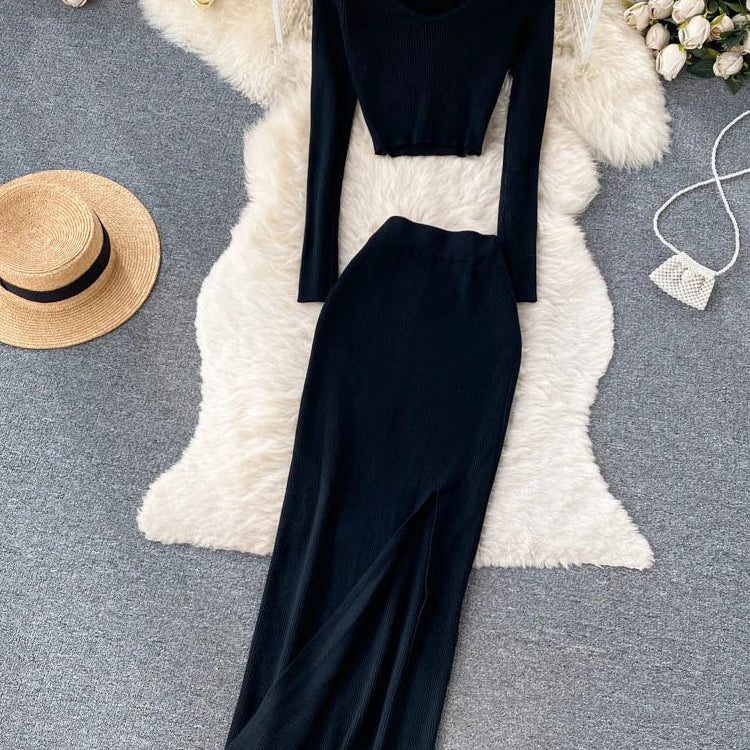 SINGREINY Autumn Sweater Two Pieces Suits Long Sleeves Knit Top+ Elatic Waist Slim Split Long Skirt Sets Women Warm Knitted Suit black One Size