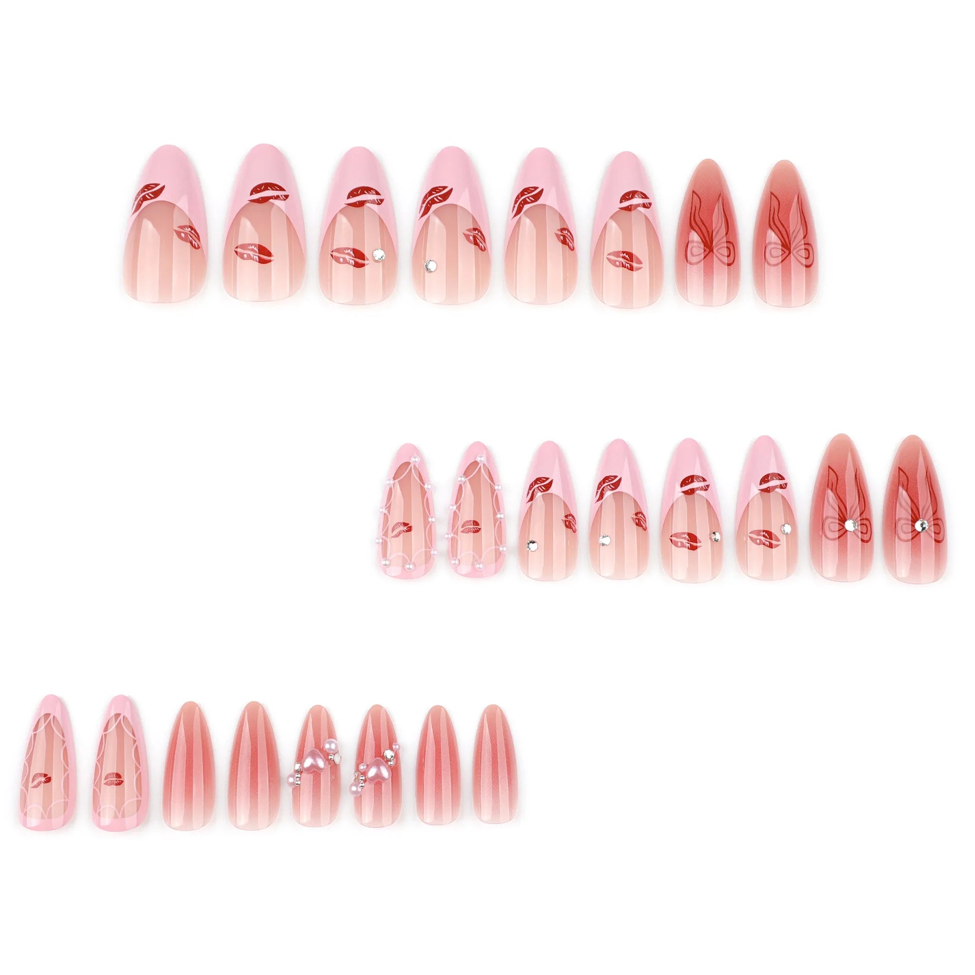 24pcs Sweet Pink Press on Nails with Bow Lipstick Print French Fake Nail Tips Wearable Detachable Ins Simple Korean False Nails