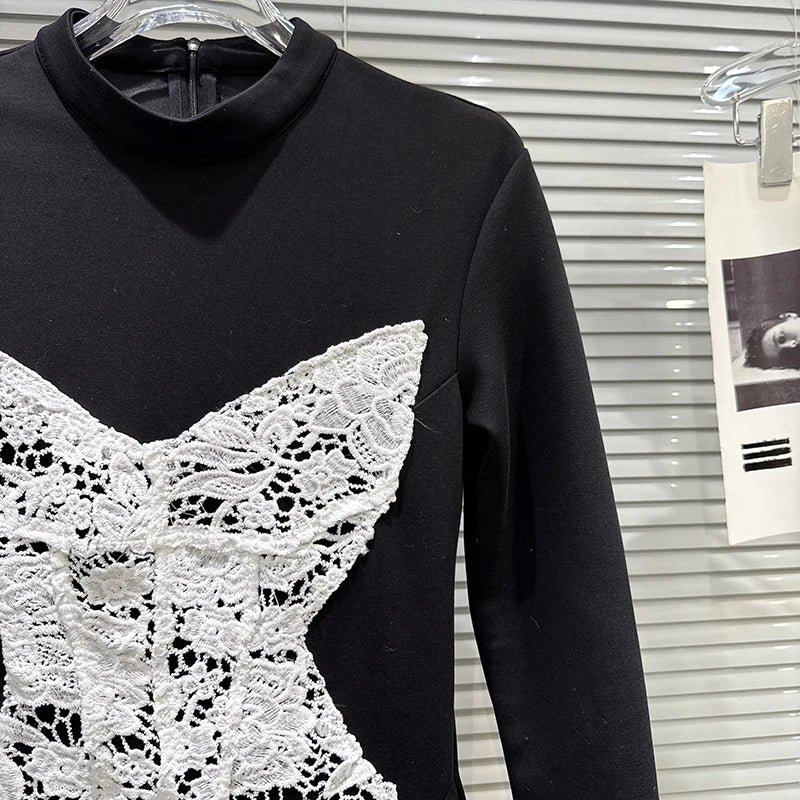 Winter New Fashion Lace Bikini Patch Slim Long T-Shirt Dress For Women Versatile Casual Dresses Female 11A07683