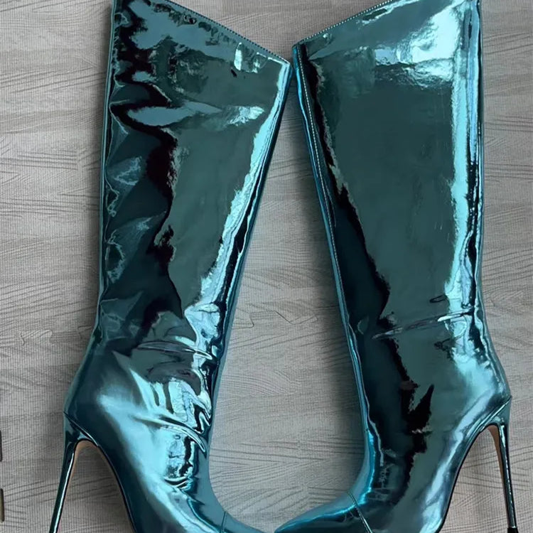 Thigh High Boots Candy Color Mirror Leather Women Knee High Boots High Heels Stilettos Runway Shoes for Women High Heel Boots