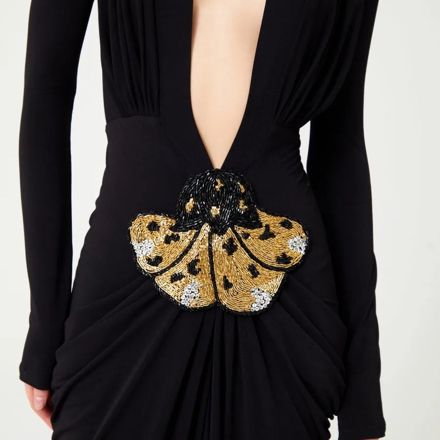 2025 New Beaded Decoration Sexy V-Neck Package Hip Black Floor Length Dress Celebrity Party Dress Woman Cocktail Outfit