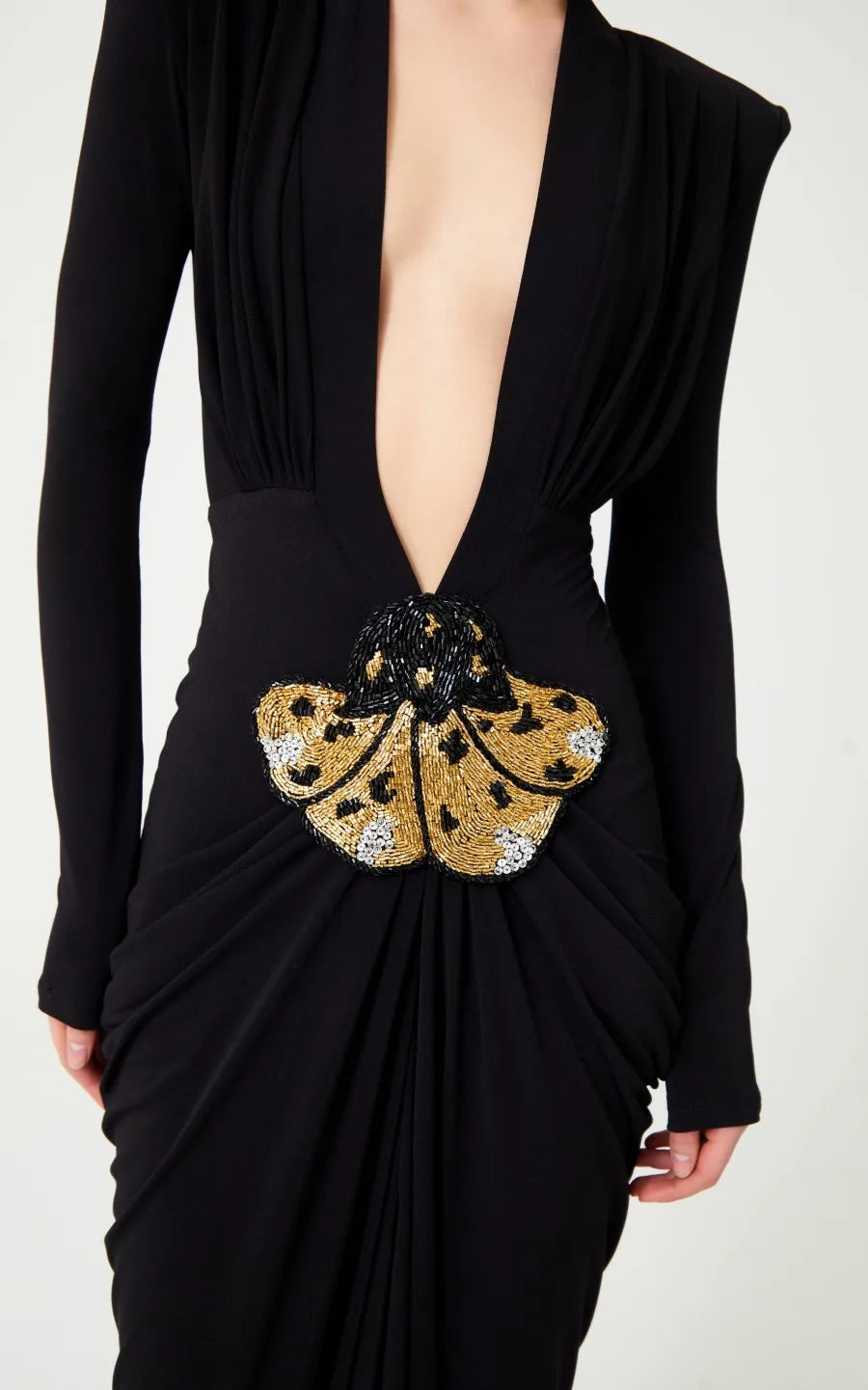 2025 New Beaded Decoration Sexy V-Neck Package Hip Black Floor Length Dress Celebrity Party Dress Woman Cocktail Outfit