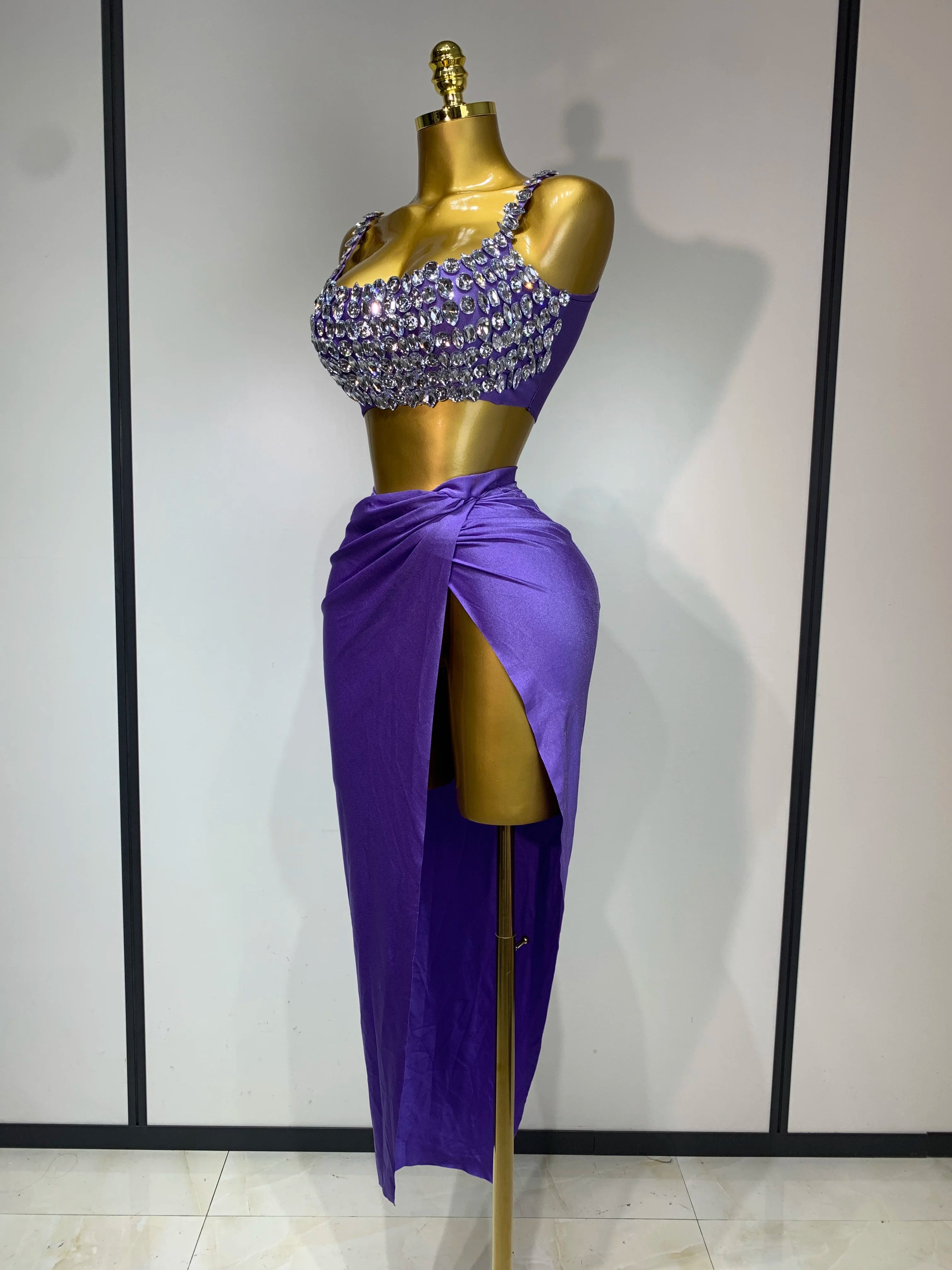 Women Sexy Two Pieces Set Stretched Crystal Diamonds Nightclub Singer Dancer Stage Performance Costume Evening Party Skirt Suits