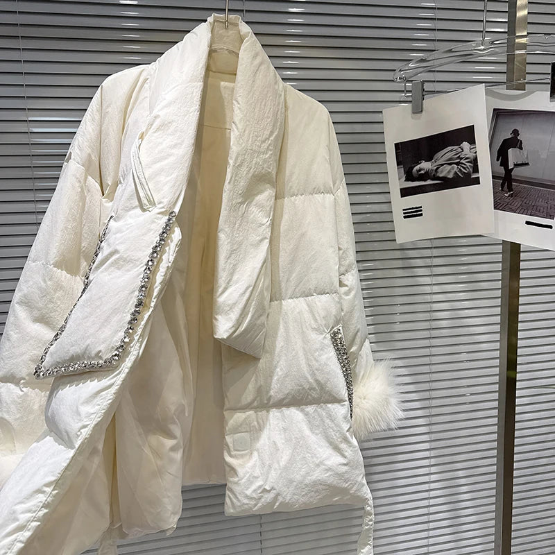 Winter New Fashionable Rhinestone Edge Furry Cuff Scarf Collar Warm Jacket For Women Loose Lace-up Waist Coat 11A07672