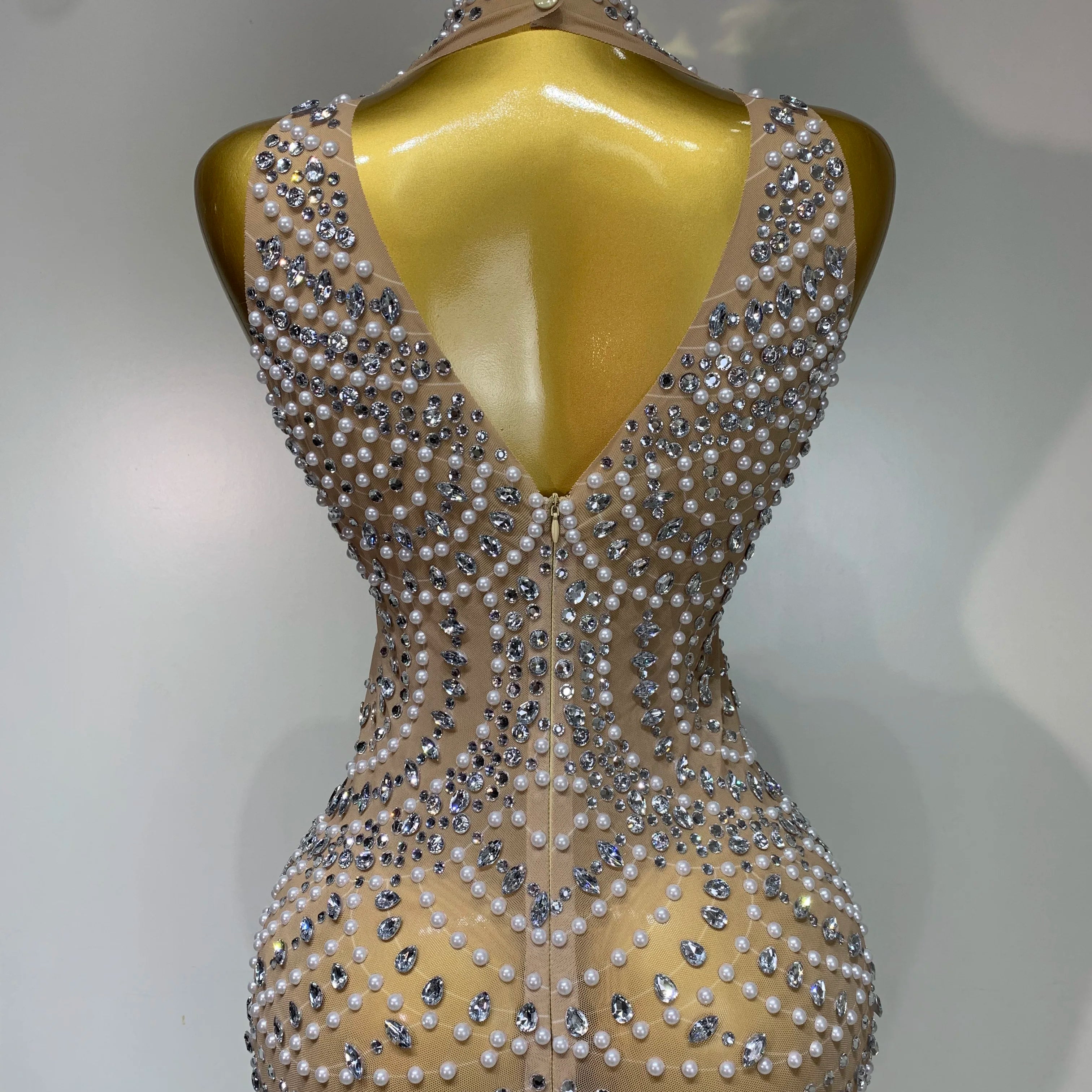 Elegant Sexy Sparkly Pearl Rhinestone Sleeveless Long Dress Women Birthday Party Evening Prom Wedding Luxury Photoshoot Outfits