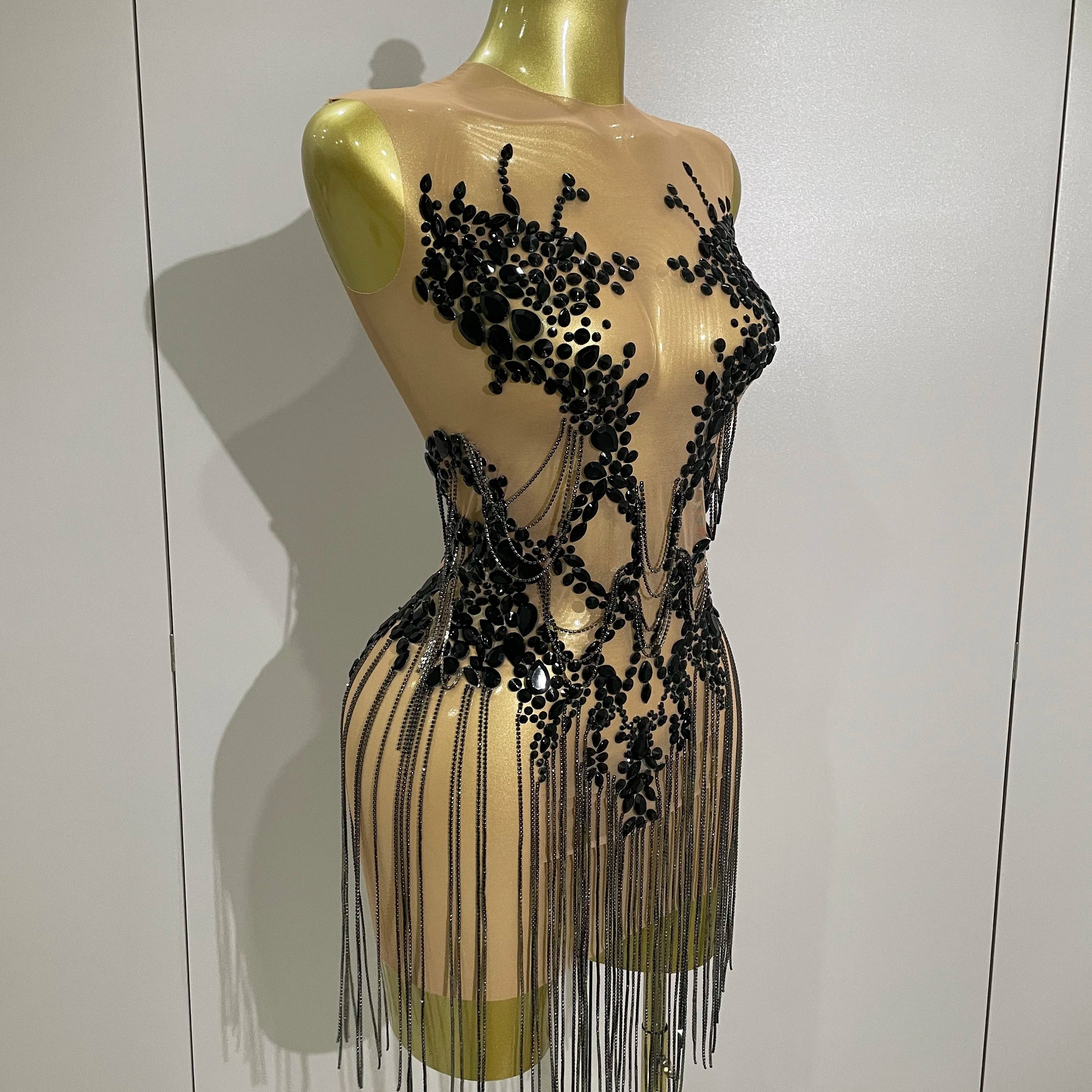 Luxury Sparkly Rhinestones Chain Sleeveless Mini Dress 2025 Women Sexy Performance Dance Nightclub Outfit Birthday Party Dress