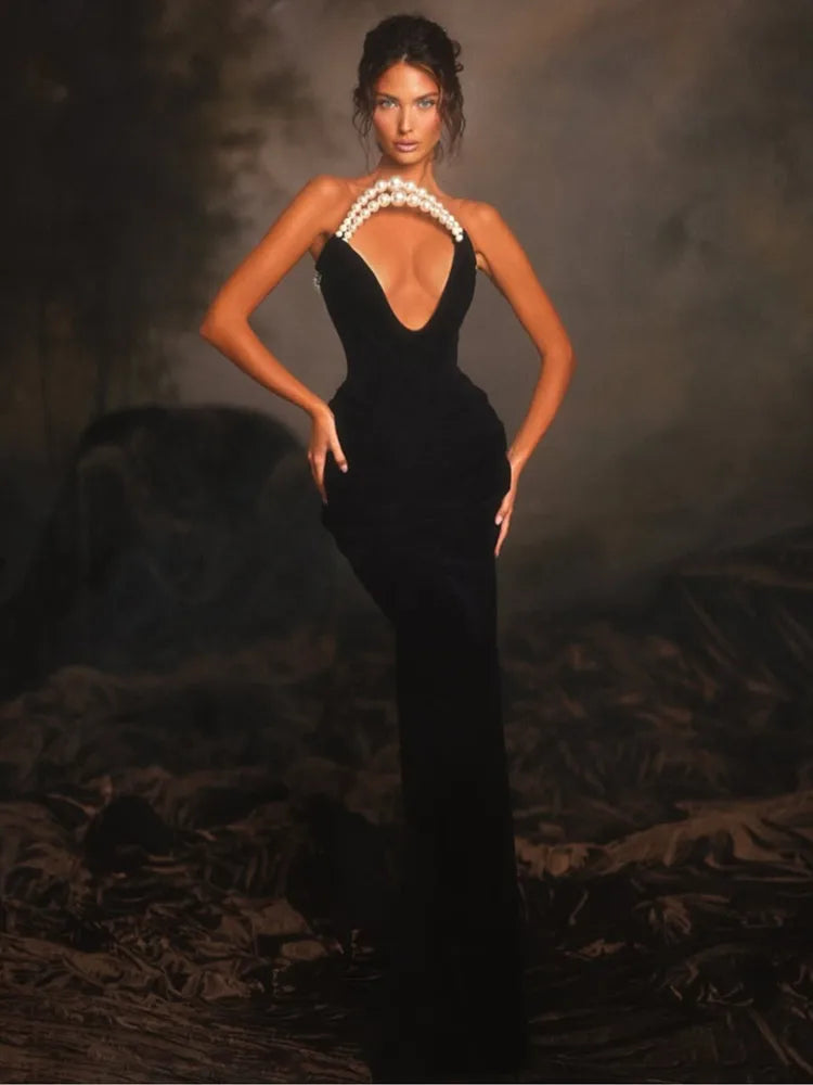 Women Celebrity Sexy Strapless Backless Pearl Black Maxi Long Bodycon Bandage Dress 2025 Elegant Evening Club Party Outfit black