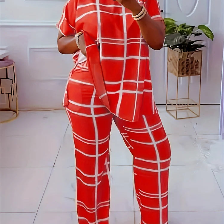 Wmstar Plus Size Two Piece Outfits Women Loose Striped Short Sleeve Top Wide Leg Pants Set Tracksuits Wholesale Dropshipping Red