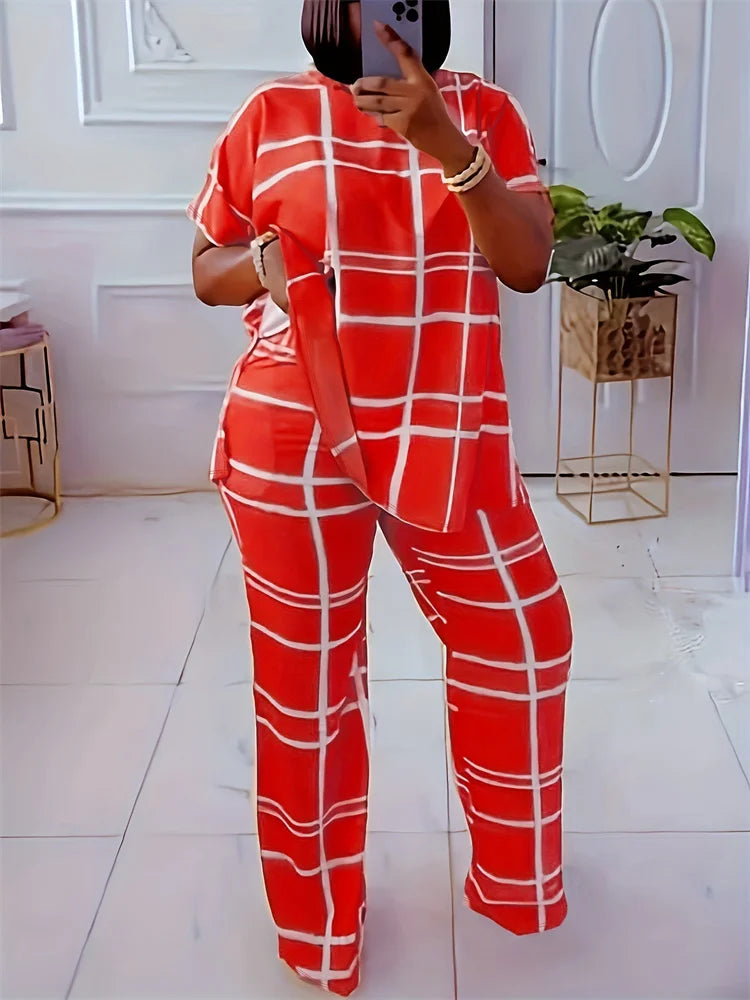 Wmstar Plus Size Two Piece Outfits Women Loose Striped Short Sleeve Top Wide Leg Pants Set Tracksuits Wholesale Dropshipping Red