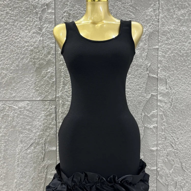 Women Sleeveless Sexy O-Neck Ruffles Bodycon Mini Bandage Dress Celebrate Nightclub Party Bar Singer Outfit black