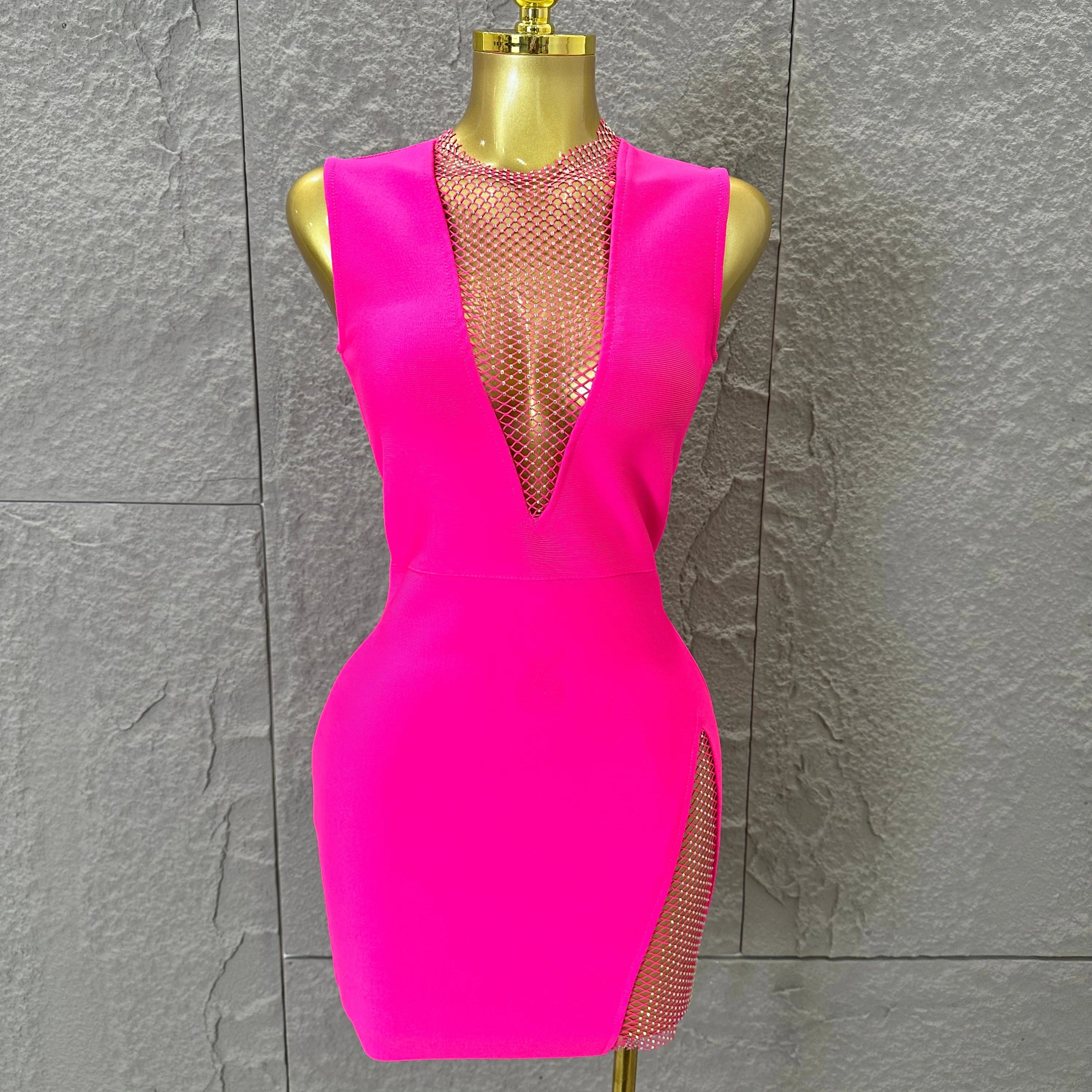 Hot Pink Women Sexy Bandage Dress Women Party Dress Bodycon Elegant Sexy Evening Birthday Club Outfits Cocktail Party