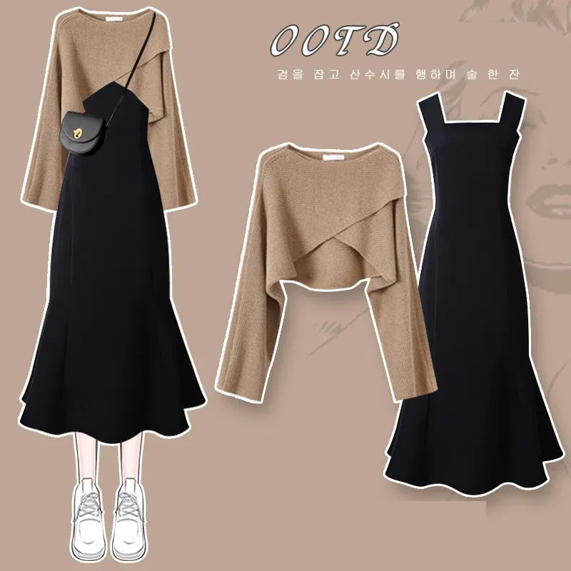 Women's Fashion Dress Matching Set 2024 Autumn Winter New Chic Knitted Sweater Sling Skirt Two Piece Korean Elegant Clothes Suit Set 06