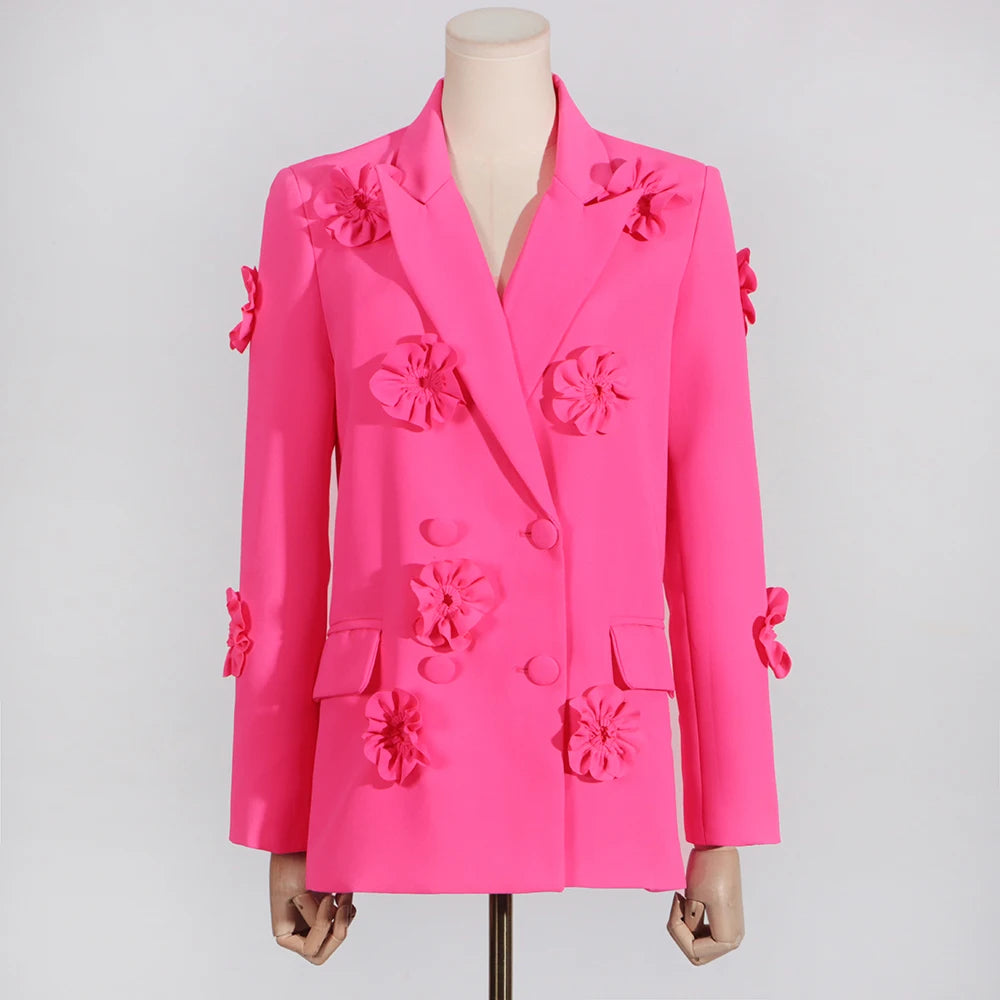 Fashion Spliced Appliques Elegant Jackets for Women Lapel Long Sleeves Patchwork Double Breasted Jacket Female New ROSE