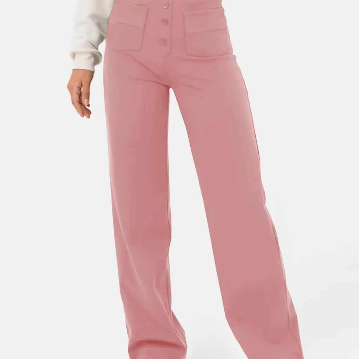 Women's High-waisted Elastic Casual Trousers Fashionable Casual Straight-leg Pants Buttoned Elegant Casual Pants Pink
