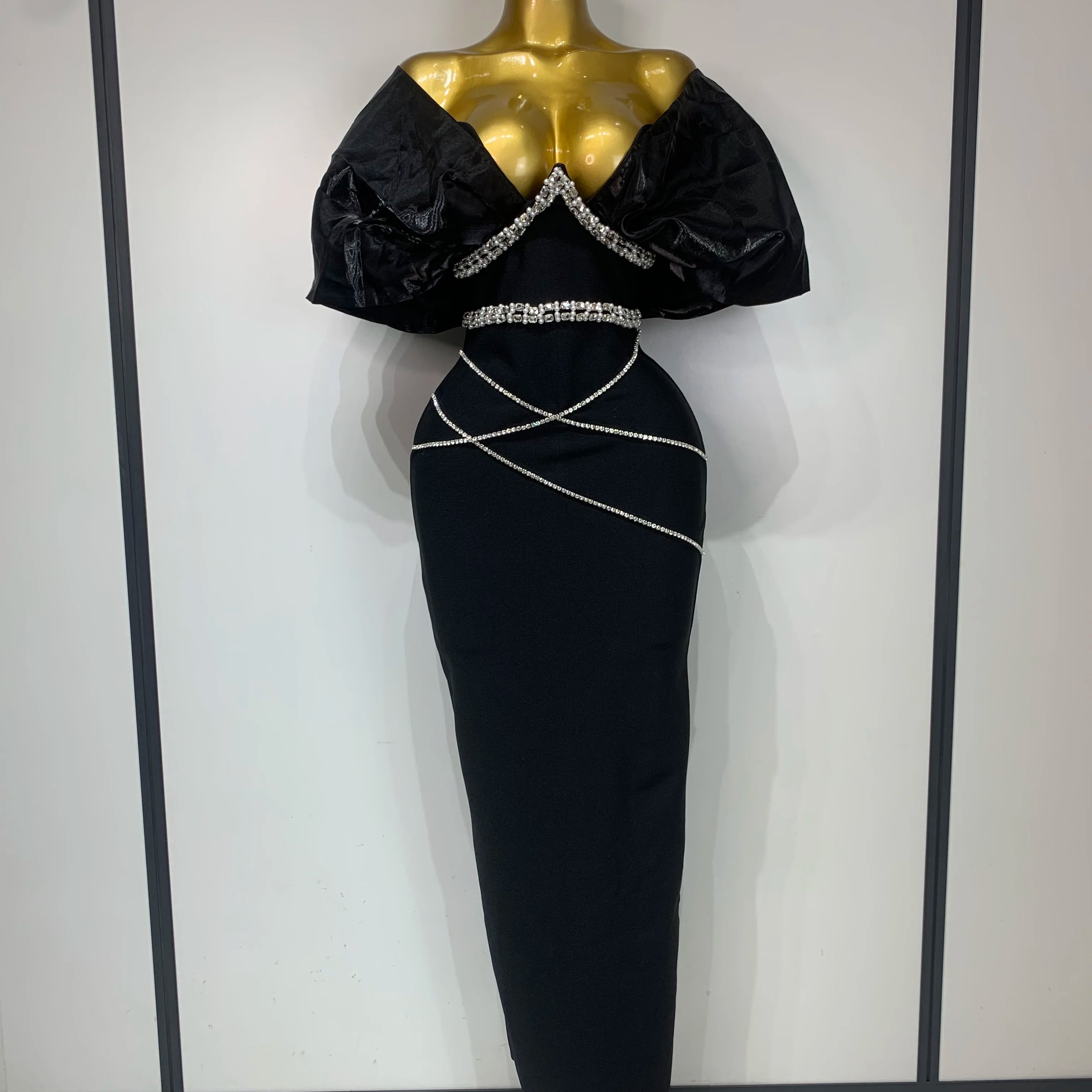 Women Sexy Backless Sparkly Diamonds Black Long Bodycon Bandage Dresses Luxury Birthday Party Celebrity Elegant Knitted Clothing black