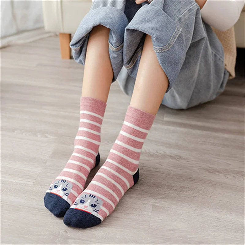 Women Striped Cartoon Socks Autumn Winter Colorful Cat Face Cotton Sock Ladies Female Funny Animal Cotton Sock For lady Girls