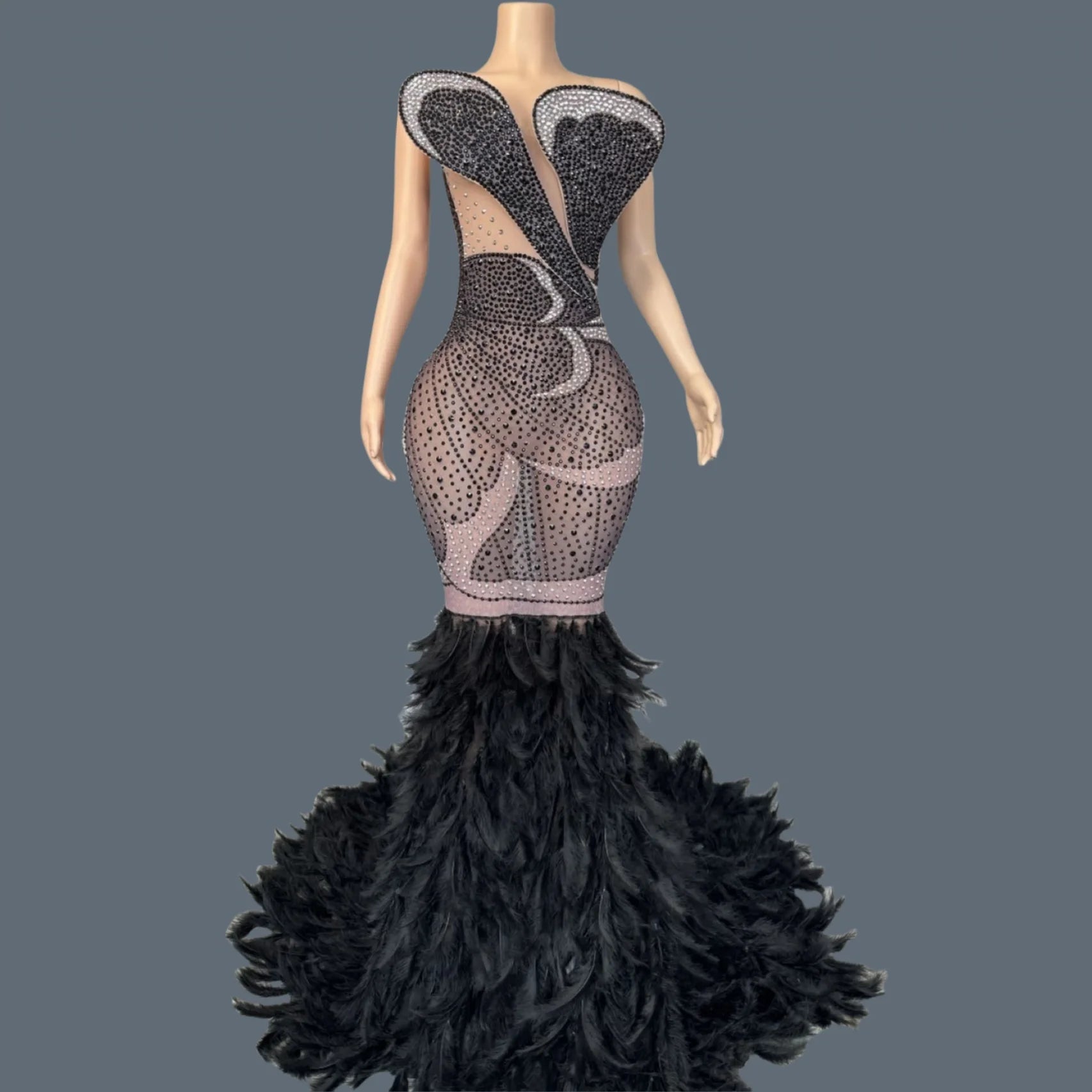 Luxury Women Feather Evening Dress Sparkly Sexy Prom Couture Rhinestone Birthday Party Ball Celebrate Photo Shoot Wear Mifeng black