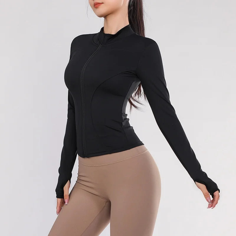 Women Gym Wear Solid Color Quick Drying Yoga Wear High Elasticity Fitness Jacket Ventilated Long Sports Shirt Women's Tracksuit black gym jacket