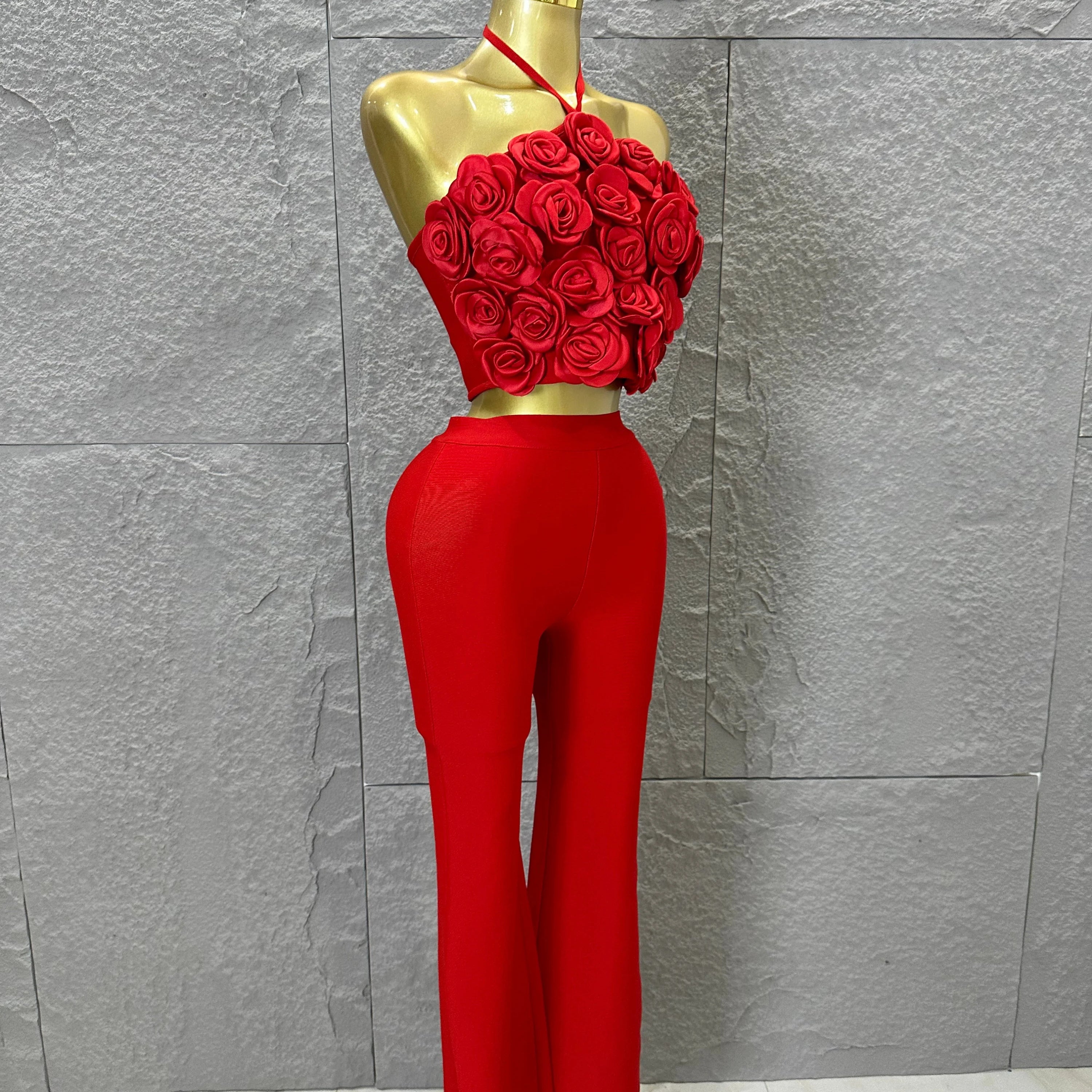 Elegant Two Piece Set Women Halter 3D Flower Crop Top High Waist Flare Pants Bandage Suit Party Casual Formal Wear
