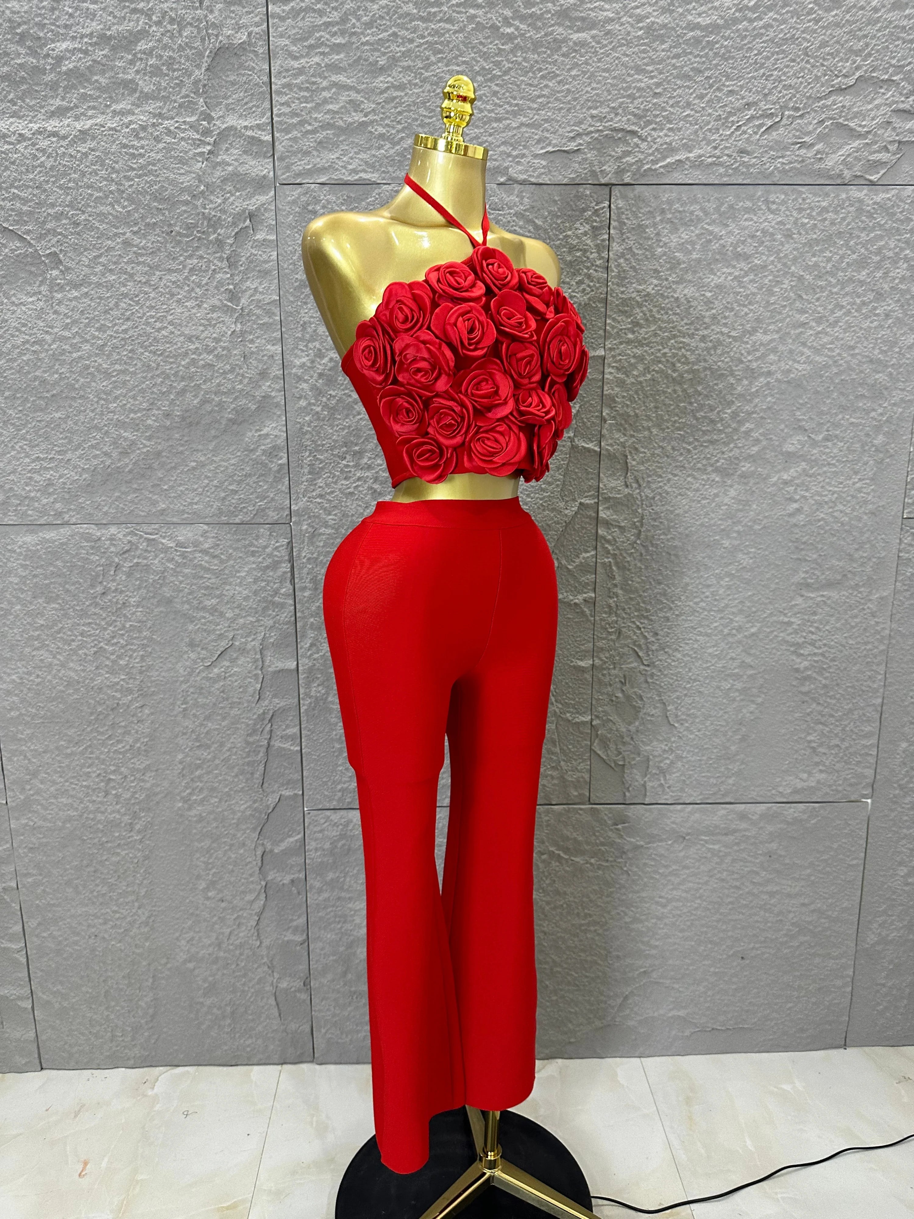 Elegant Two Piece Set Women Halter 3D Flower Crop Top High Waist Flare Pants Bandage Suit Party Casual Formal Wear