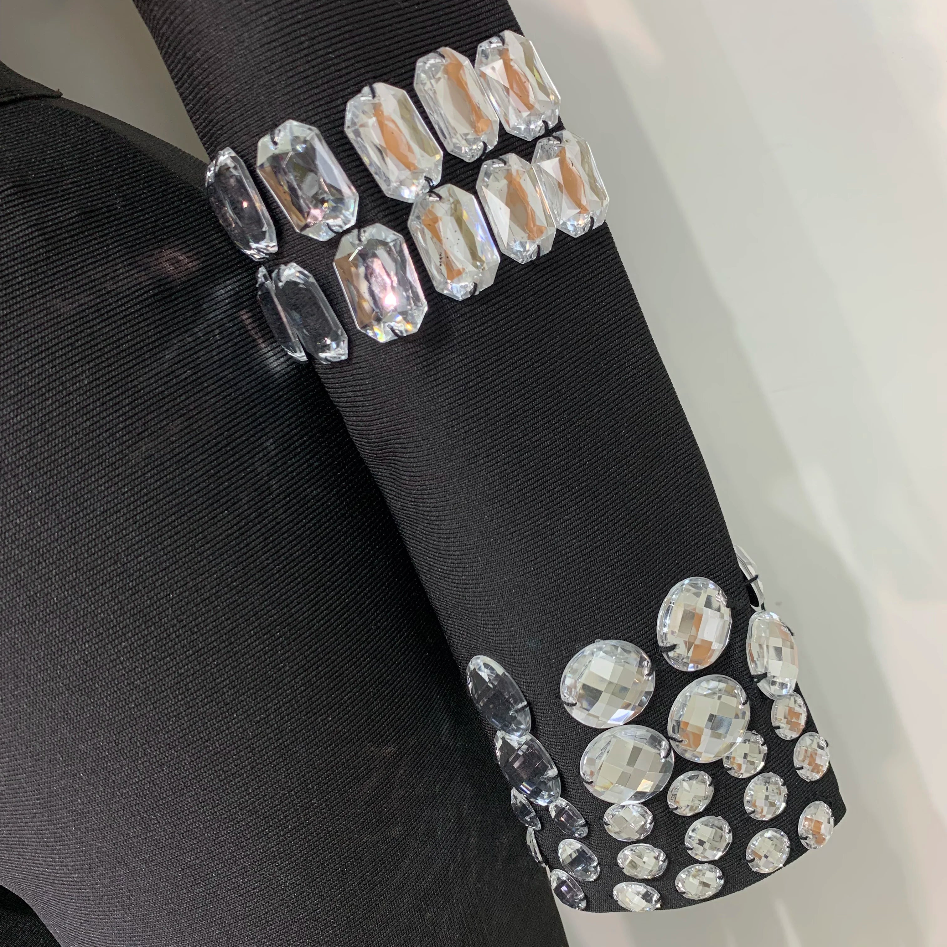 Women Celebrity Sexy Long Sleeve Beading Black Bodycon Bandage Three Piece Set Elegant Evening Club Party Birthday Outfits