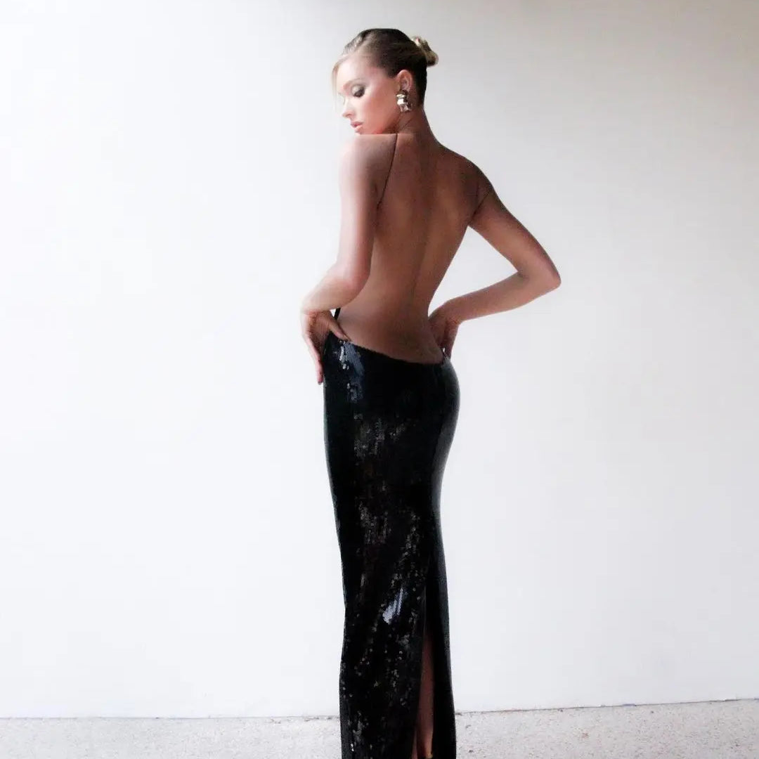 Women'S Gold Sequins Luxury Party Gown Sexy Backless Long Dress For Wedding Banquet Party Female Clothing