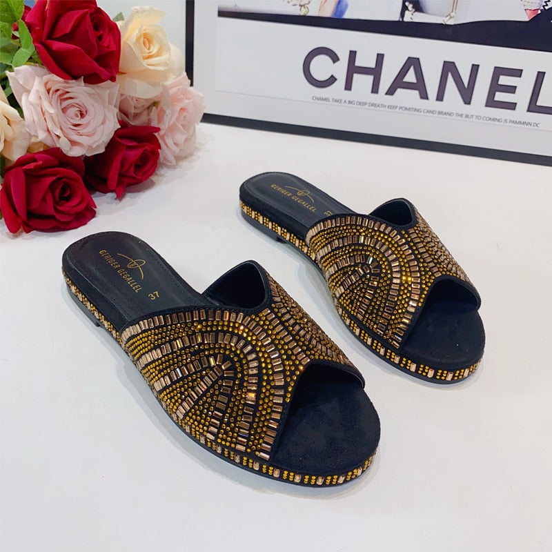 Trendy Colorful Slides for Women 2024 New Classic Design Sandals Italian Style Lady Shoes Low Heel Summer Mules Comfy Sandals 132-12Gold