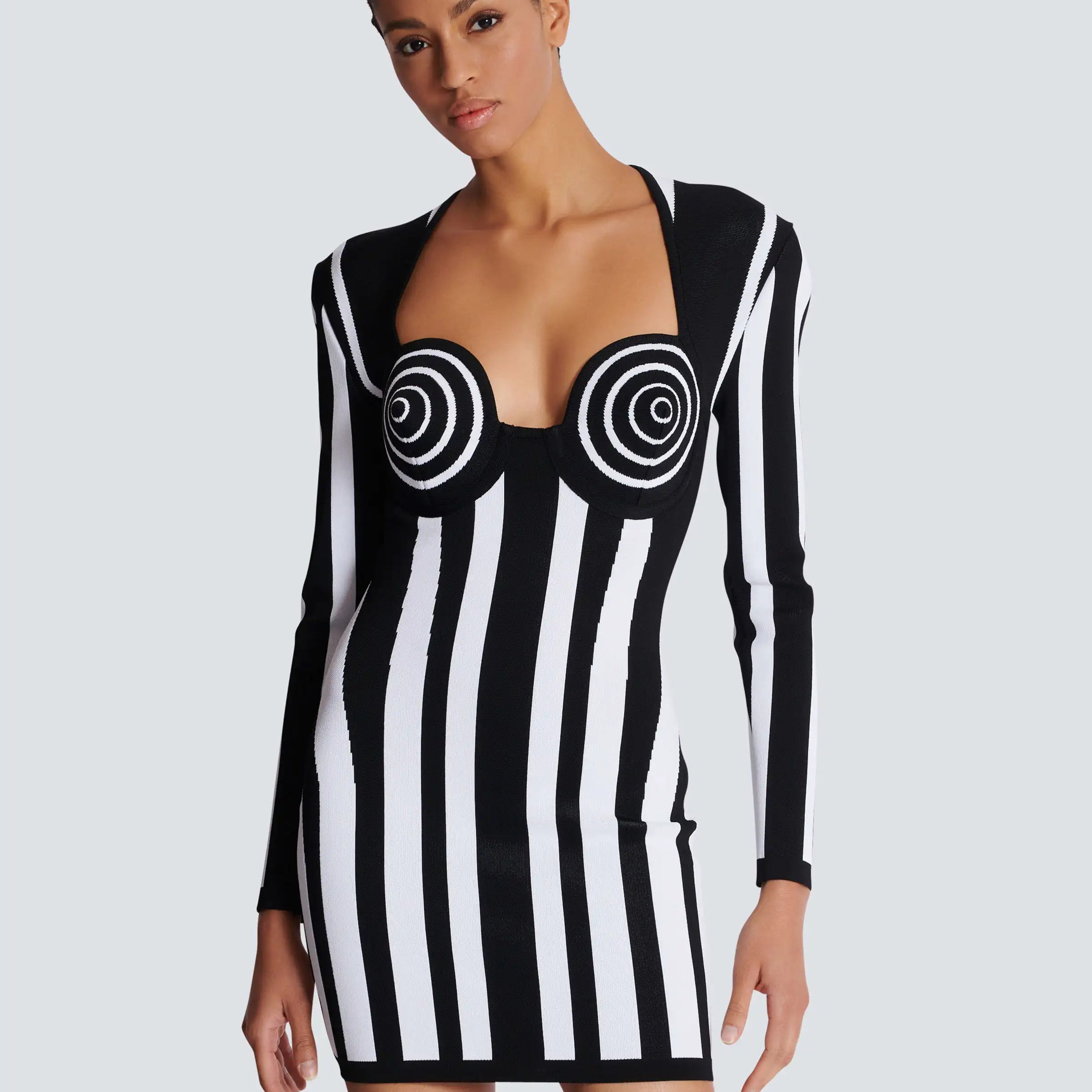 Women Long Sleeve Sexy Square Collar Bodycon Mini Bandage Dress Striped Elegant Evening Party Dress