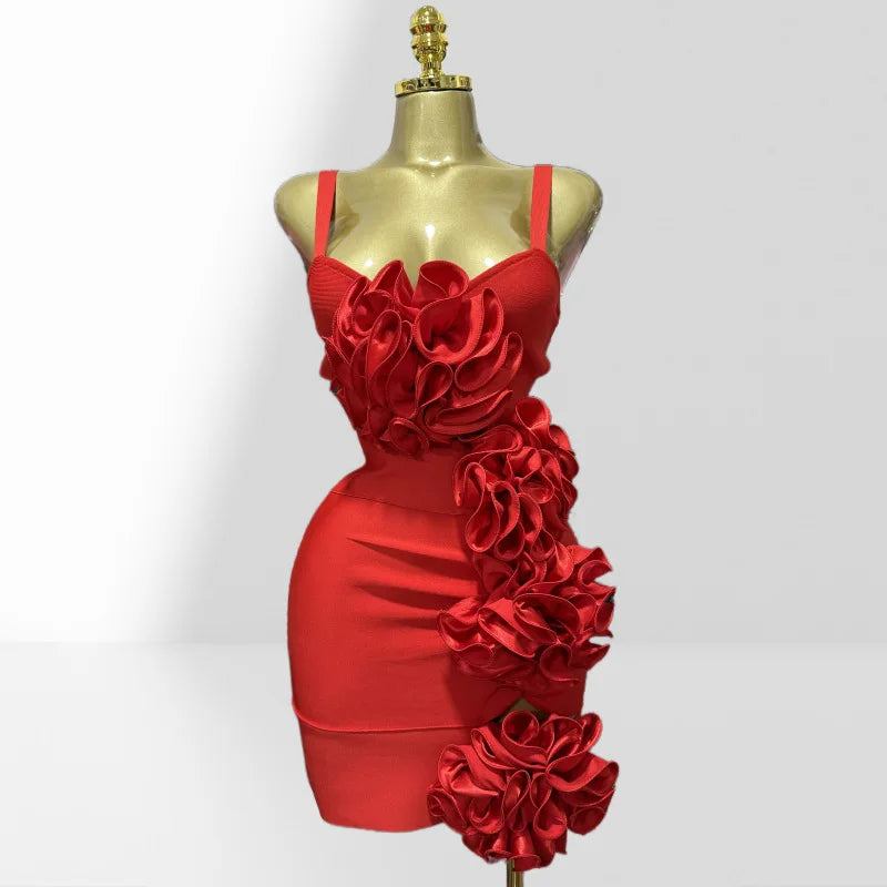 Red Color Women Sleeveless Sexy Strap Florals Bodycon Mini Bandage Dress Nightclub Party Celebrate Outfit Vestido