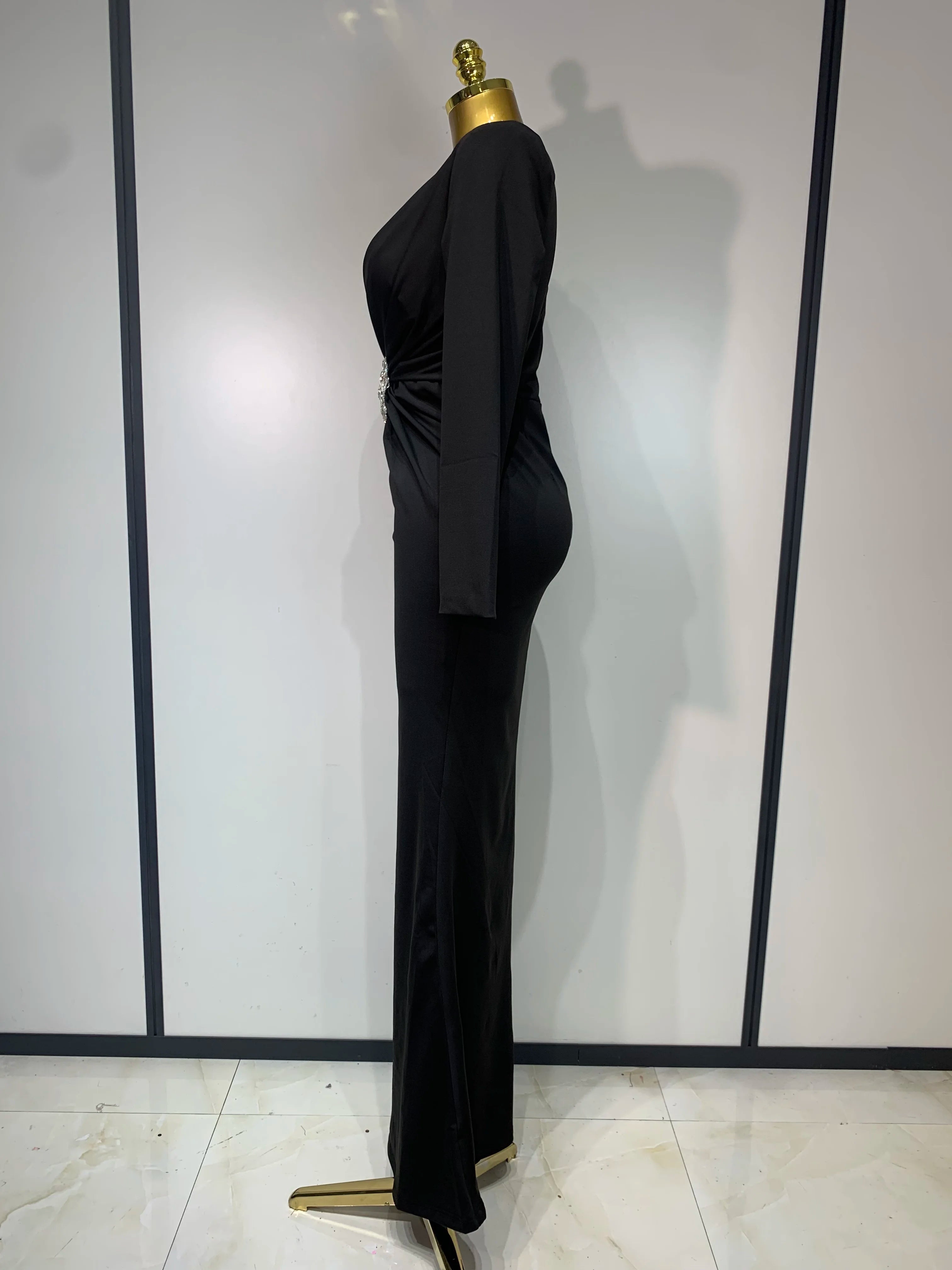 Black Diamond Bodycon Maxi Dresses Women Sexy Deep V Neck Long Sleeves Gowns Runway Party Wear 2025 Elegant Evening Party Dress