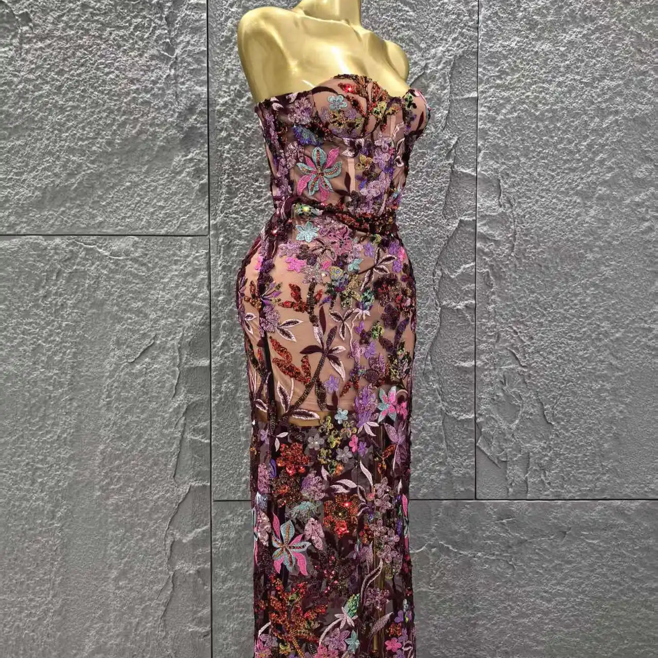 Top Quality Women Sexy Strapless Embroidery Florals Bodycon Long Dress Elegant Evening Party Cocktail Fashion Girls' Outfit
