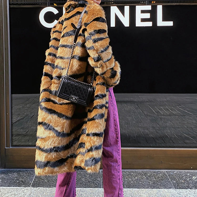 Winter Long Warm Thick Leopard Faux Fur Coat Women Tiger Print Loose Luxury Fluffy Clothing Female Thicken Plush Overcoat