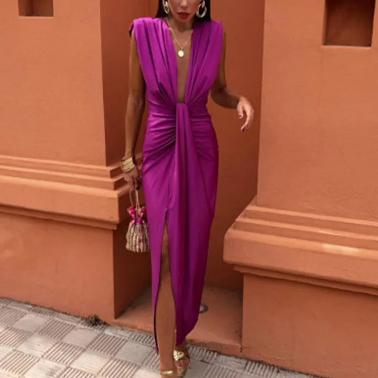 Sexy Deep V Neck Flods Split Dress Women Elegant Solid Sleeveless Midi Vestidos Summer New Ladies Evening Party Robes