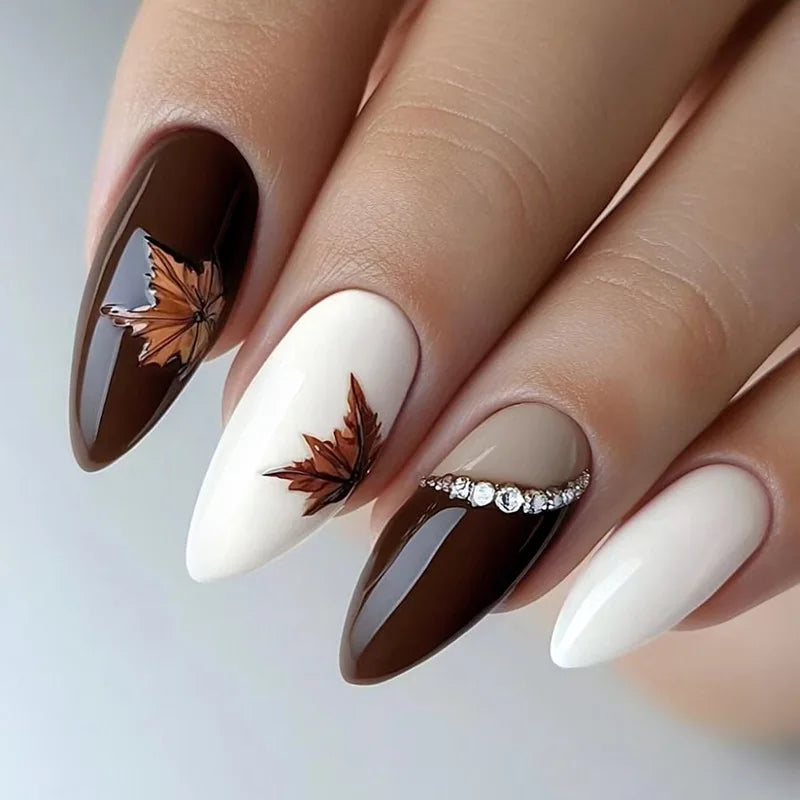 24Pcs Brown Maple Leaves Design Press on False Nails Long Almond Nails Set with Diamond Detachable Retro Fake Nail Tip for Women 1022