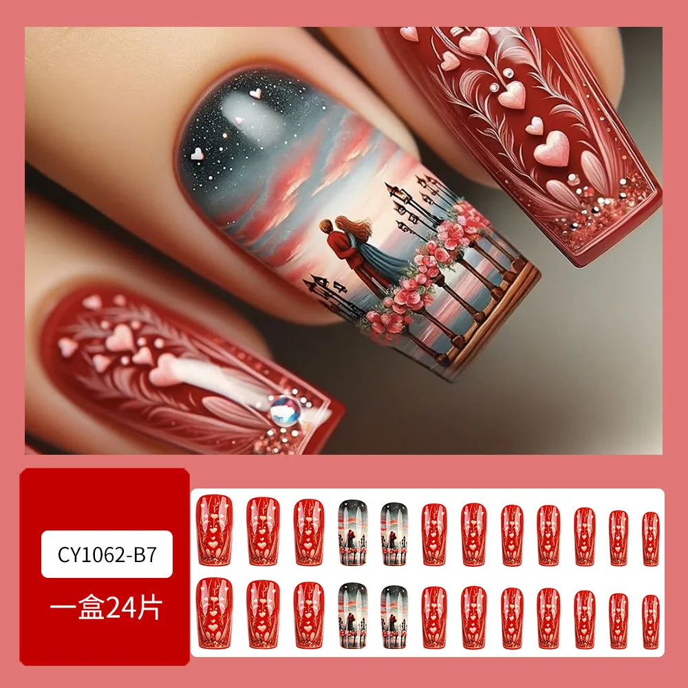 24pcs Romantic Valentine's Day Press on Nails Pink Love Couple False Nails Wearable Spicy Girl Square Head Fake Nails for Women